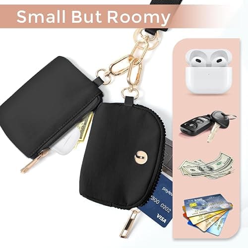 JEEBURYEE Dual Pouch Wristlet Keychain Wallet with 2 Wrist Straps - Small and Portable Mini Zipper Coin Purse Card Wallets for Women Men Gold Hardware Navy+Ice Blue thumbnail 3