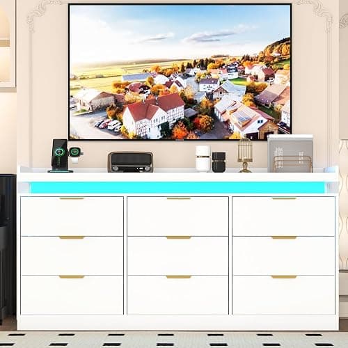 9 Drawer Dresser for Bedroom, White Dresser with LED Lights and Charging Station, Modern Chest of Drawer, Wood Triple Wide Drawer Organizer Cabinet for Bedroom, Living Room, Entryway, Hallway thumbnail 7