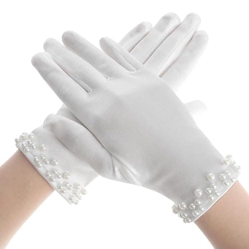 Trinkrittey White Satin Gloves - Women's Pearl Wedding & Tea Party Gloves for 1920s Fashion - Image 1