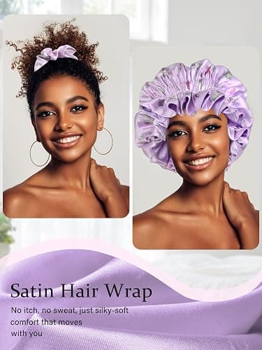 Vettres Floral Satin Bonnet with Scrunchie Set,Double Layer Ruffle Reusable Sleeping Shower Cap for Curly Hair Blue-cherry thumbnail 4