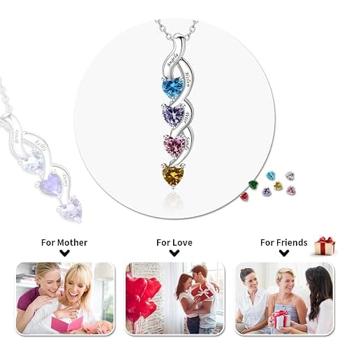 MissNaNa Sterling Silver Personalized Mothers Necklace with Simulated Birthstones Engraved 1-6 Children Names Custom Love Heart Pendant Family Necklace for Women Mother's Day Birthday thumbnail 7