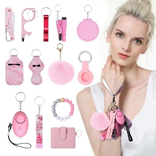 Ankilo Upgraded Safety Keychain Set for Women, Wristlet Strap Keychain with Personal Alarms, Mirror, Pom Pom, etc. (18PCS) - Pink thumbnail 5