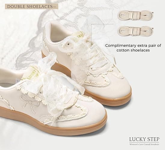 LUCKY STEP Women's Lace Detail Sneakers Organza Ribbon | Casual Cute Shoes Lace-Up Gum Sole Vintage Trendy Fashion Tennis Shoes thumbnail 5