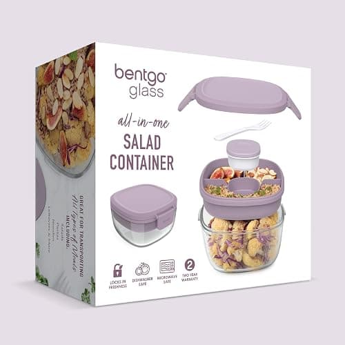 Bentgo Glass Salad Container - 7.6-Cup Salad Bowl with Airtight Lid, Leak-Proof Sauce Container, 4-Compartment Bento Tray & Reusable Fork - BPA-Free for Meal Prep, Office & More (Lavender) thumbnail 7
