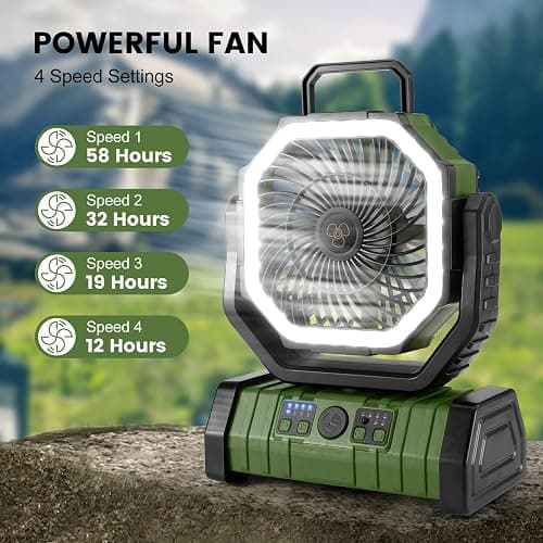 Odoland 30000mAh Camping Fan with LED Lantern, Rechargeable Battery Operated Oscillating with Remote & Hook, Portable Tent Fan with Timer, 4 Speeds for Outdoor Camp RV Jobsite Power Outage, Green thumbnail 4