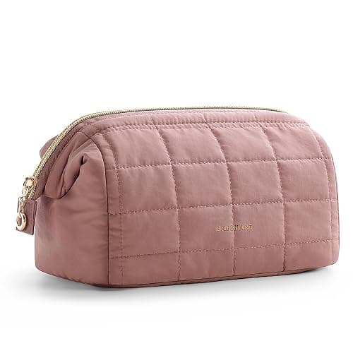 BAGSMART Makeup Bag Travel Toiletry Bag, Puffy Padded Make Up Bags for Women Makeup Organizer Case, Wide-open Pouch Purse Travel Essentials Toiletries Accessories Brushes, Dark Pink - Image 1