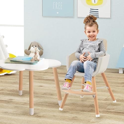 BABY JOY Convertible Baby High Chair, 3 in 1 Wooden Highchair/Booster/Chair with Removable Tray, Adjustable Legs, 5-Point Harness, PU Cushion and Footrest for Baby, Infants, Toddlers (Beige) thumbnail 2
