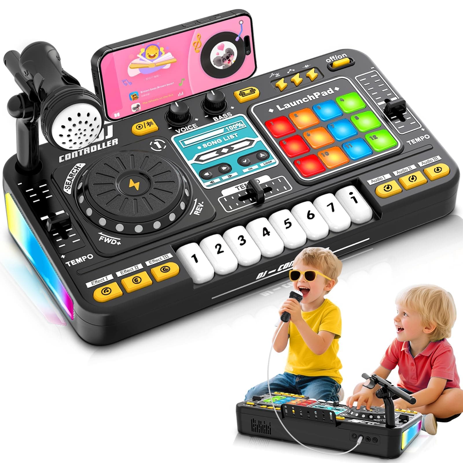 Kids Toys DJ Mixer for Party, Kids' Karaoke Machines, Music Toy with Bluetooth & Microphone for Ages 3+, 2000+ Sound Effects & Colorful Light - Idea Gift for Birthday Holiday(Black) thumbnail 2