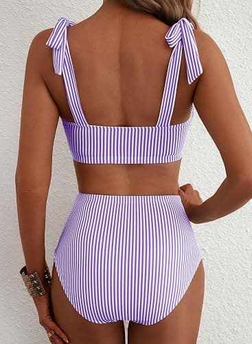 Herseas Women's Tie Shoulder Bikini Sets 2 Piece Striped Swimsuits High Waisted Bathing Suits thumbnail 2