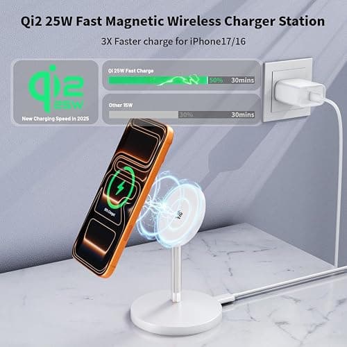 Magnetic Wireless Charger iPhone Stand,Qi2-Certified 25W Mag-Safe Charger Fast Charging Stand 35W USB C Adapter 6FT Cable Wireless Fast Charging Station for iPhone 17 Pro Max/17/16/15/14/13/12,AirPods thumbnail 2