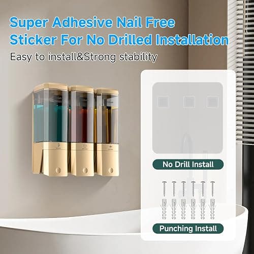 Shampoo and Conditioner Dispenser,Shower Dispenser 3 Chamber No Drill Shampoo Dispenser for Shower Wall Mounted Shower Soap Dispenser for Bathroom Hotel,Large Capacity 3 * 500ML,Gold thumbnail 3