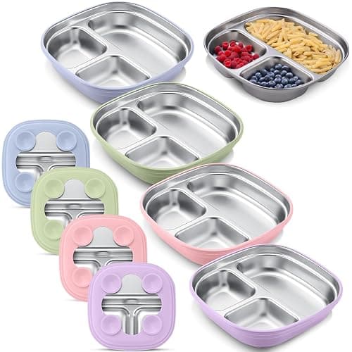 Geiserailie Square Stainless Steel Toddler Plates with Suction – 7.68” Divided Plates with Removable BPA-Free Silicone Sleeves, Unbreakable Baby Feeding Dishes Set of 4 (Pink,Green,Purple,Blue) - Image 1