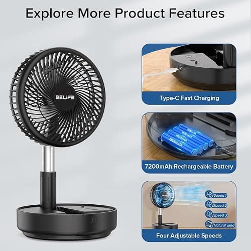 Belife X8 Portable Fan, 7200mAh Battery Powered Rechargeable, Oscillating USB Desk Floor Fan with Remote, Foldable Telescopic Fan for Home Bedroom Sleeping Office Camping Travel, 7.7" (Black) thumbnail 3