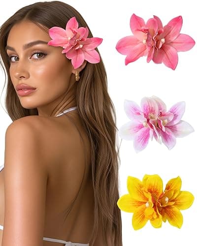 WELROG 3 Pieces Hawaiian Flower Hair Clips for Women - Artificial Tropical Flower Hair Pin Orchid Beach Party Wedding - Image 1