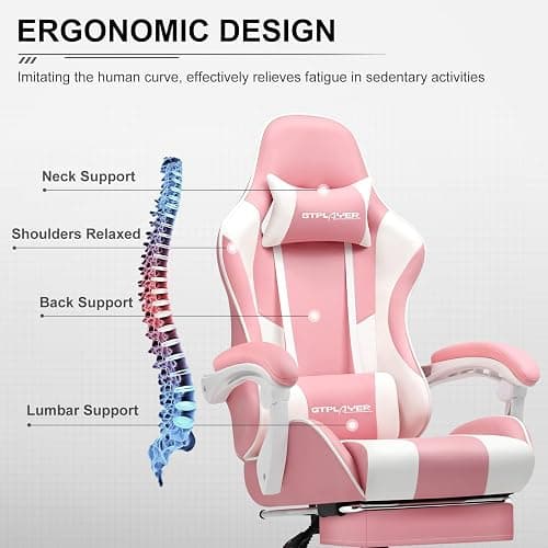 GTPLAYER Silla Gaming con Masajeador Ergonómica Silla Gamer con Reposapiés Reposacabeza, Silla de Oficina Ergonómica, Soporte Lumbar, Silla Juego Ajustable en Altura, Rosa thumbnail 8