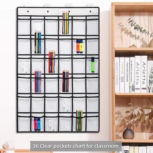 SAVERHO Classroom Pocket Chart for Cell Phones,36 Clear Pocket Chart for Calculator Holder with 36 Number Sticker (White) - White thumbnail 7