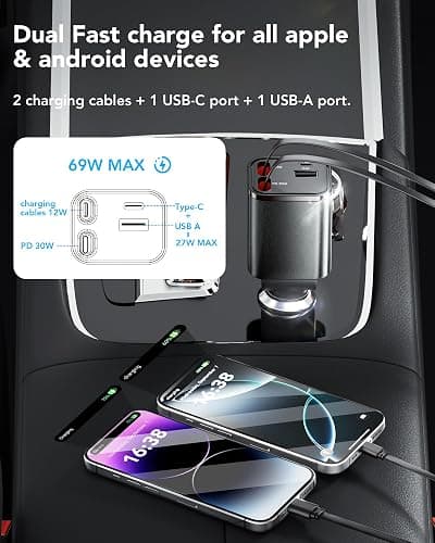 Retractable Car Charger Adapter for iPhone 17,4 in 1 Fast Charging Car Phone Charger,69W USB C Car Truck Accessories,Road Trip Essentials Gift for Men Women for iPhone 17 Pro Max/16/15/14/13/12,Galaxy thumbnail 6