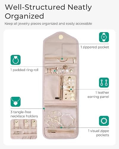 BAGSMART Travel Jewelry Organizer Case Foldable Small Jewelry Roll for Journey Rings, Necklaces, Earrings, Bracelets,Mini,Soft Pink thumbnail 4