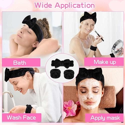 WSYUB Makeup Headbands, 1pcs Black Spa Headband Fluffy Bow Tie Headband Microfiber Face, and 2Pcs Wrist Spa Wash Band Absorbent Wristbands, for Washing Face Skin Care thumbnail 5