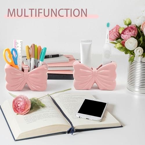 Bow Toothbrush Holder, Pink Ceramic Multi-Purpose 2-Section Organizer for Bathroom, Kitchen, Bedroom, Office Decor thumbnail 5
