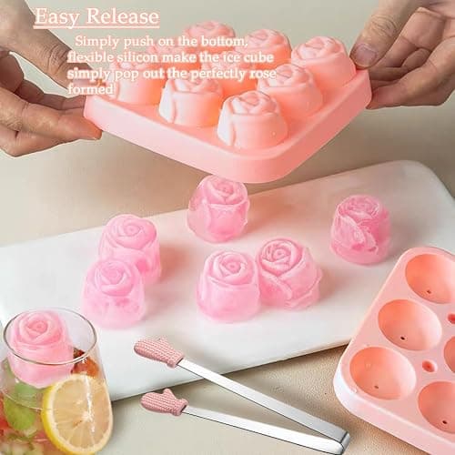 Ice Cube Mold with Lid, Silicone Rose Ice Cube Tray with Mini Tongs, Rose Ice Cube Trays for Freezer, Easy Release Ice Trays Maker, Make 9 Ice Ball Maker Mold Flower Ice Tray Mold for Cocktail thumbnail 6