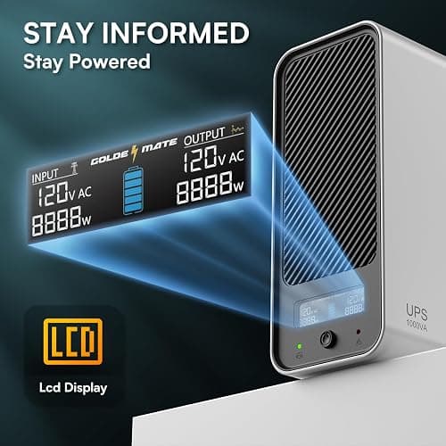 GOLDENMATE 1000VA/600W Lithium UPS Battery Backup and Surge Protector, Backup Battery Power Supply with LiFePO4 Batteries(153.6 Wh), Sinewave UPS System, 10 Years Lifespan, 8-Outlets, LCD Display thumbnail 6
