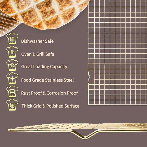 Cooling Rack for Baking, 2-Pack 16x10 Inches Baking Rack, Thick Wire Cookie Rack for Cooking, Roasting, Grilling, Drying, Oven Safe, Fits Half Sheet Pan, Gold thumbnail 3