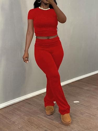 Women's 2 Piece Lounge Sets Crop High Wasit Foldover Flare Leggings Pants Casual Workout Outfits Tracksuit thumbnail 2