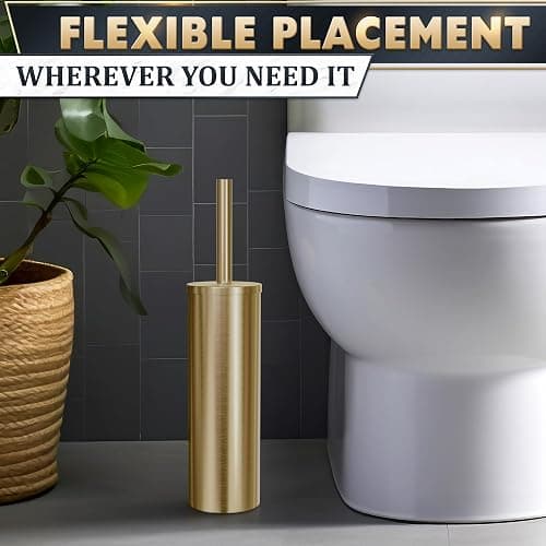 Gold Toilet Brush and Holder Set - Brushed Stainless Steel Gold Toilet Bowl Brush and Holder with Replaceable Head, Removable Inner Bowl, and Splash Protection - Dense Bristles for Thorough Cleaning thumbnail 9