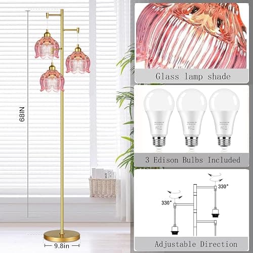 ILLMTW Glass Floor Lamp for Living Room,Bedroom,Gold Flower Mid Century Modern Standing Lamp Brass Tree 3 Light Tall Floor Lamps Vintage Floor Lights Pink Lamp Shade Farmhouse Boho Bohemian thumbnail 5