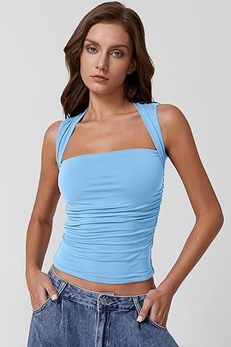 QINSEN Womens Square Neck Tank Tops Side Ruched Double Lined Slim Fit Summer Going Out Crop Top thumbnail 6