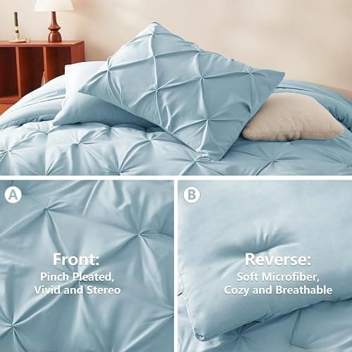HIMEET Queen Comforter Set 7 Pieces Bed in A Bag Light Blue Luxury Soft Queen Size Bed Set Pintuck Pinch Pleat Bedding Sets with Comforter, Flat Sheet, Fitted Sheet and Pillowcases & Shams thumbnail 3