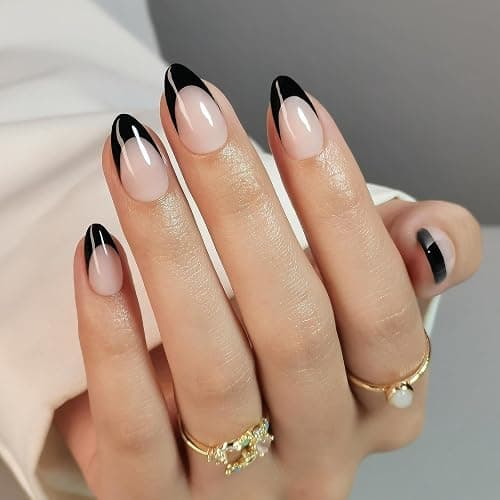 SHANGMENG Black French Tip Press on Nails Almond - Soft Gel Short Press on Nails for Women Gift, Fit Perfectly & Natural Reusable Stick on Nails in 16 Sizes - 32 Fake Nails with Glue, French Black - Image 1
