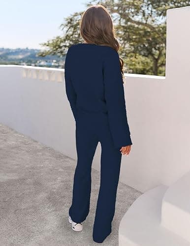 MEROKEETY Women's 2 Piece Outfits Fuzzy Fleece Pajama Set Long Sleeve Top Wide Leg Pants Loungewear - X-Large - Navy thumbnail 3