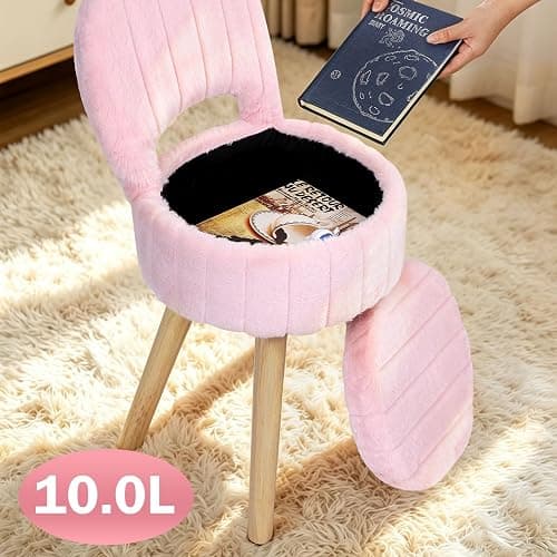 KANEODOT Vanity Stool with Storage & Folding Back,11.8“ D x 12.9” W x 27.9" H Round Faux Fur Cute Vanity Chair with 4 Solid Wood Legs,Comfy Small Makeup Ottoman for Living Room,Bedroom,Closet,Pink thumbnail 7