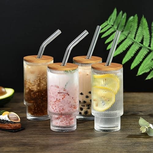 ALINK Glassware 4pcs Set,Water Drinking Glasses Cups 11 oz with Bamboo Lids and Glass Straws, Vintage Iced Coffee Cups, Origami thumbnail 2