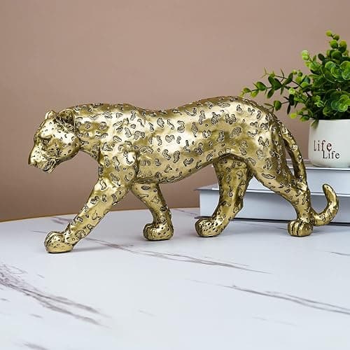 Polyroyal Cheetah Statue Home Decor Leopard Sculpture Resin Sitting Cheetah Figurine Desktop Table Top Ornament Decoration for Home Office-Gold Or Silver (Walking-Champagne Gold) thumbnail 4