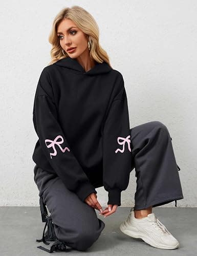 OLAPTA Women Oversized Bow Trim Print Hoodies Long Sleeve Fleeced Casual Graphic Pullover Trendy Fall Hooded Sweatshirts Top thumbnail 4