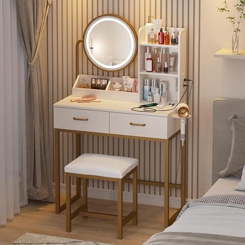 Vabches Makeup Vanity with Round Mirror and Lights, White Vanity Makeup Table with Charging Station, Small Vanity Table for Bedroom, 3 Lighting Modes, 31.5in(L) thumbnail 6
