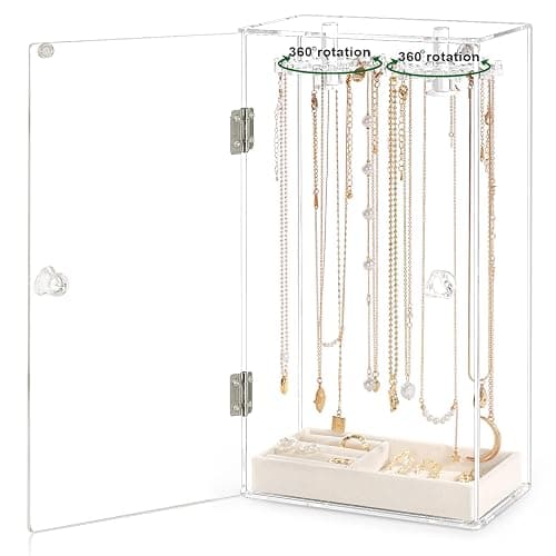 Necklace Holder, Acrylic Jewelry Organizer with 24 Hooks, Rotation Clear Necklaces Pendant Display Case Stand, Dust-proof Velvet Tray Hanging Rack Storage for Earrings Rings thumbnail 8