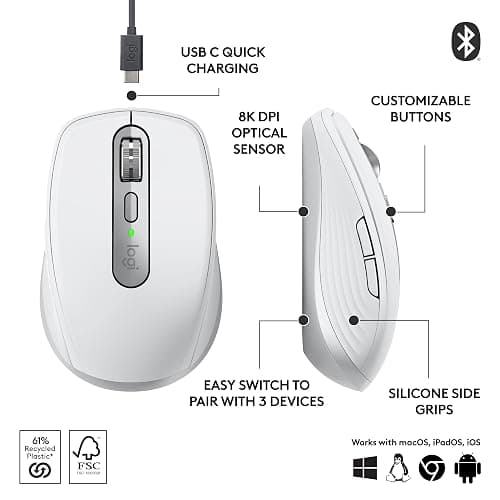 Logitech MX Anywhere 3S Compact Wireless Mouse, Fast Scrolling, 8K DPI Any-Surface Tracking, Quiet Clicks, Programmable Buttons, USB C, Bluetooth, Windows PC, Linux, Chrome, Mac - Pale Grey thumbnail 7