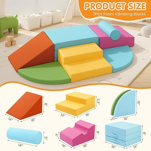 Climbing Toys for Toddlers 1-3 Inside, 7PCS Foam Baby Climbing Blocks Soft Play Set for Toddlers 1-3, Corner Toddler Climbing Toys Indoor Baby Climbing Gym for Toddler Climbing Crawling and Sliding thumbnail 2
