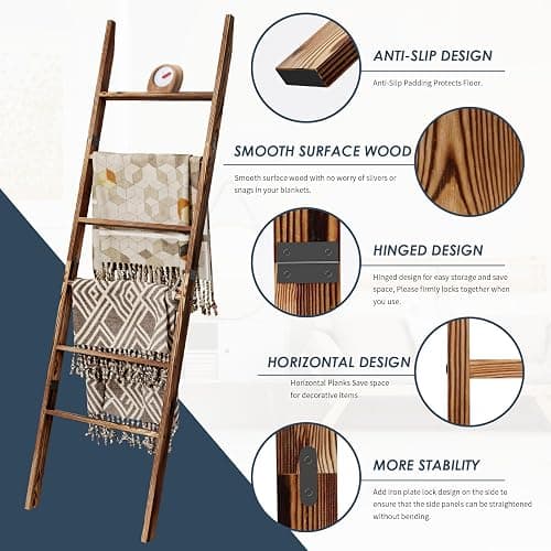 6-Tier Blanket Ladder Wooden, 5.7FT(66.5'') Blanket Quilt Towel Holder Rack Decorative Ladder, Easy Assembly, Rustic Farmhouse Ladder Shelf for The Living Room Bedroom Bathroom Home Decor, Brown thumbnail 4