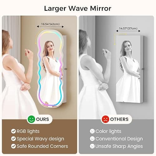 Lvifur RGB Lighted Mirror Jewelry Cabinet,LED Wavy Wide Mirror with Storage, Wall or Door Mounted Jewelry Organizer with Interior Mirror,Lockable Jewelry armoire,Gift Ideal thumbnail 4