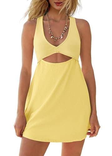 ReachMe Womens Cut Out Dresses Short Sleeveles Mini Dress Summer V Neck A Line Dresses Beach Vacation Dress thumbnail 5