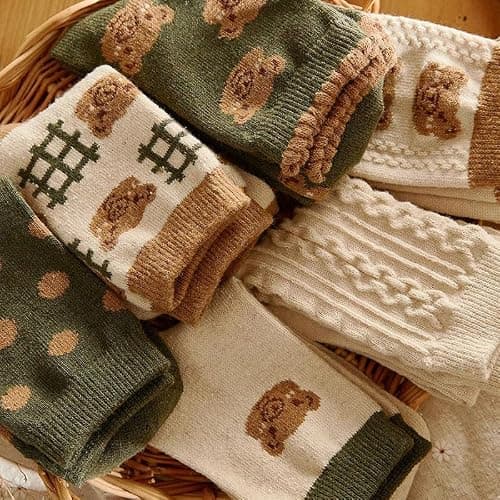 6 Pair Cute Cotton Kawaii Bear Ankle Socks - Preppy Ruffle Japanese Thick Fall Vintage Crew Socks for Women thumbnail 2