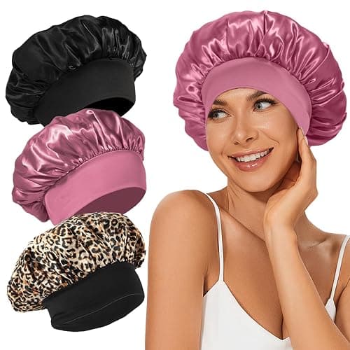 3Pcs Satin Bonnet Silk Bonnet, Hair Bonnet for Sleeping, | Elastic Wide Band Silk Sleep Cap, Soft and Breathable, Black Leopard Rose - Image 1