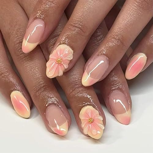 24pcs French Tip Press on Nails Short Almond Fake Nails with 3D Flower Designs Summer Floral False Nails Kit Pink Yellow Gradient Acrylic Nail Tips Full Cover Stick on Nails for Women - Image 1
