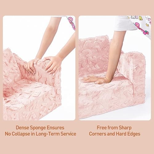 KokoSelene Toddler Chair,  2-in-1 Soft Toddler Couch Fold Out, Convertible Kid Sofa to Lounger, Comfy Kids Couch for Girls and Boys (Pink) - Pink thumbnail 7