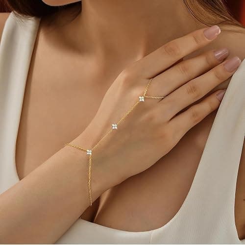 Bheop Bracelets for Women 14K Gold Silver Plated Ring Bracelet Hand Chain Dainty Evil Eye Heart Clover Daisy Cubic Zirconia Stackable Link Chain Hypoallergenic Body Jewelry Cute Trendy Gifts - GD-clover hand chain thumbnail 2